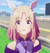 a girl with blonde hair and a purple dress has a purple bow on her neck