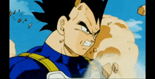 a close up of a cartoon character 's face with a blue shirt and a yellow belt .