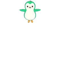 a green and white penguin with the letter m on its neck