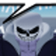 a close up of a cartoon character with a skull on his head and a sword in his hand .