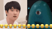 a man with a surprised look on his face next to a blue monster