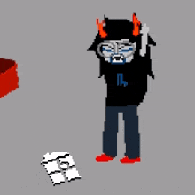 a pixel art drawing of a monster with horns holding a knife