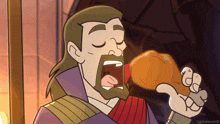 a cartoon of a man with a beard eating a chicken leg with the name igmissed below him