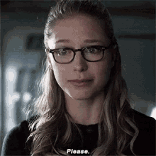 a woman wearing glasses is making a funny face and saying please .
