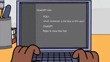 a cartoon of a person typing on a laptop that says chatgpt.com on it
