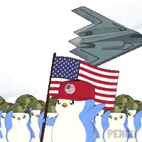 a group of penguins in military uniforms are holding an american flag in front of a plane