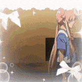 a girl with long pink hair is standing in a room