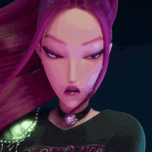 a close up of a cartoon girl with purple hair and a choker
