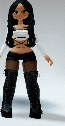 a cartoon girl with long black hair is wearing a white top and black shorts