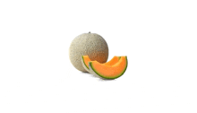 a cantaloupe with a slice taken out of it on a white background