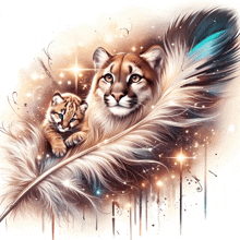 a painting of a cat and a cub sitting on a feather