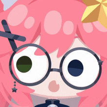 a cartoon character with pink hair and glasses has a star on her head