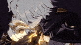 a close up of a cartoon character with white hair and a black armor