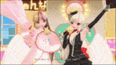 two anime girls are standing in front of a sign that says " rin-chan rin-chan rin-chan now !! "
