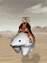 a man is riding a polar bear in the desert