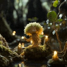 a tree with a green haired head is sitting on a mossy rock