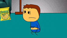 a cartoon of a man sitting next to a bag of funyuns