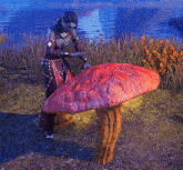 a woman is standing next to a large red mushroom in a field