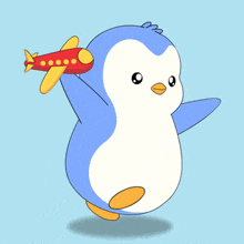 a cartoon penguin is holding a red toy airplane