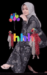 a woman in a hijab sits next to a clown and a bunch of balloons with the word hhh behind her