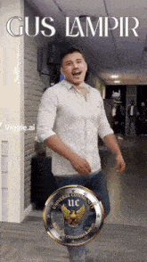 a man in a white shirt is dancing in front of a sign that says gus iampir