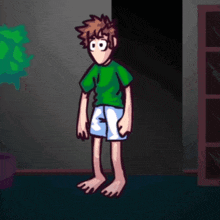 a cartoon of a boy in a green shirt and blue shorts