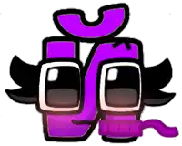 a purple cartoon character with black eyes and a purple tongue