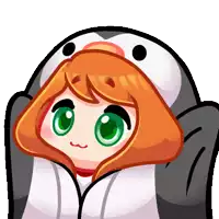 a girl with orange hair and green eyes is wearing a penguin outfit