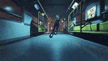 a person riding roller skates down a hallway with a sign that says ' a ' on it