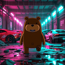 a cartoon bear is standing in the rain in front of cars with the word tsm written on them