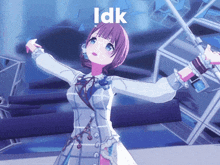 a girl with purple hair is holding a sword and says idk