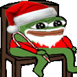 a green frog is sitting on a chair wearing a santa hat and holding a candy cane .