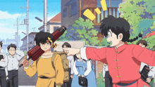 a girl in a red and yellow outfit is pointing at a boy in a yellow shirt