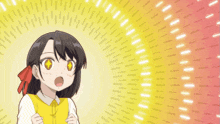 a girl in a yellow shirt stands in front of a circular pattern
