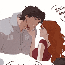 a man and a woman are looking into each other 's eyes and talking .