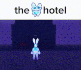 a cartoon of a rabbit standing in front of a couch with the words the hotel above it