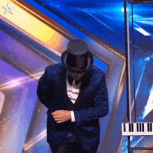 a man in a top hat and suit is dancing in front of a keyboard