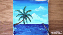a painting of a palm tree in the middle of the ocean is made in animatica