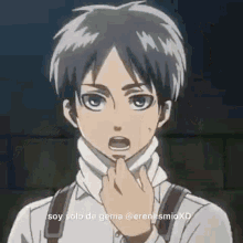 eren from attack on titan is holding his finger to his chin and talking .