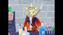 a cartoon character wearing an orange jacket with a yellow face and a guitar