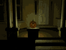 a halloween pumpkin with a face carved into it