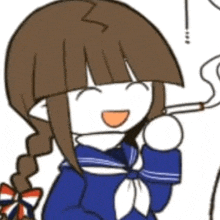 a cartoon girl is smoking a cigarette while wearing a blue school uniform .