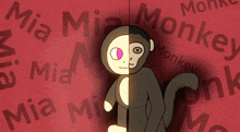 a monkey with a pink eye is surrounded by the word mia