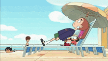 a cartoon of a boy laying on a chair under an umbrella
