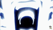 a cartoon character with blue hair is standing in front of a blue background with his arms outstretched .