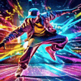 a man is dancing in front of a colorful background while wearing a hat .