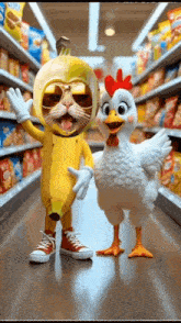 a cat dressed as a banana and a chicken dressed as a chicken in a grocery store