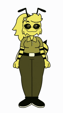 a cartoon drawing of a yellow bee wearing a polo shirt and khaki pants