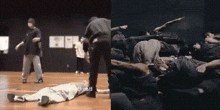 a group of people are laying on the floor and one of them has the word being on the bottom