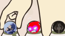 a cartoon of a person holding a red ball with a angry face on it .